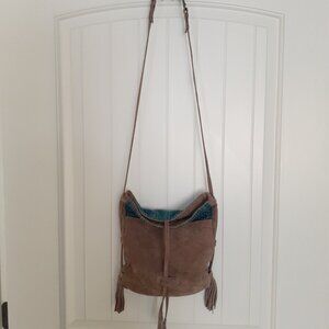 Noonday Collection Kantha Foldover Crossbody Bag Suede Leather Cotton BrownBlue